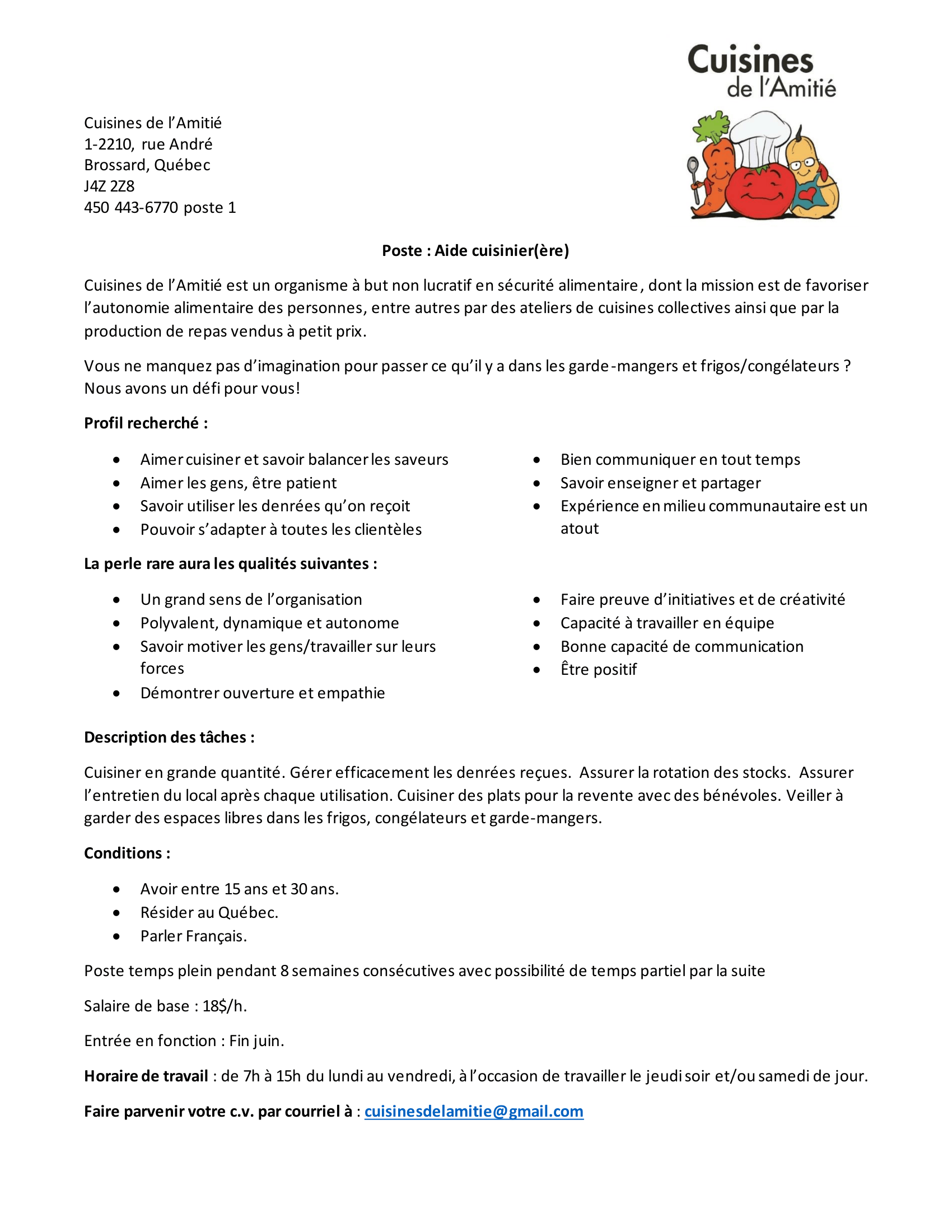 Poste aide cuisinier